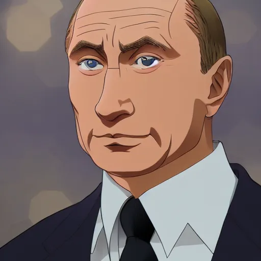 Image similar to high quality portrait of vladimir putin. art by makoto shinkai, crunchyroll, pixiv, danbooru, hd, headshot, cinematic still, detailed anime face, bokeh, digital art, cel shading, vivid colors, ambient lighting