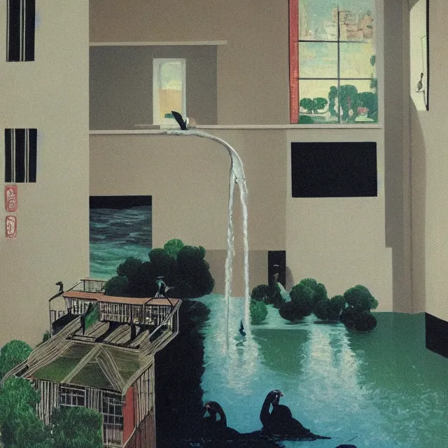 Image similar to painting of flood waters inside an apartment, emo catgirl art student, a river flooding inside, taps with running water, tangelos, zen, pigs, ikebana, water, river, rapids, waterfall, black swans, canoe, pomegranate, berries dripping, acrylic on canvas, surrealist, by magritte and monet