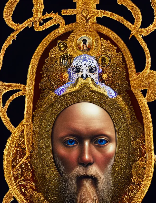 Image similar to russian orthodox icon macro close - up portrait with mask made of ram skull. betta fish, jellyfish phoenix, bioluminiscent, plasma, ice, water, wind, creature, super intricate ornaments artwork by tooth wu and wlop and beeple and greg rutkowski