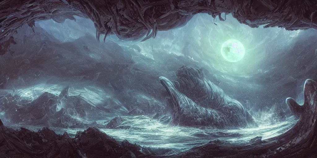 Image similar to concept art of giant whale, lava rocks, lovecraftian, renaissance, roaring, melting horror, round moon, rich clouds, fighting the horrors of the unknown, overgrown forest, very detailed, volumetric light, mist, fine art, decaying, textured oil over canvas, epic fantasy art, very colorful, ornate scales