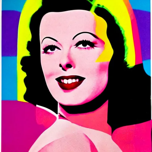 Image similar to rainbow smiling happy hedy lamarr. pop art.