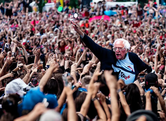 Image similar to photo still of bernie sanders at vans warped tour!!!!!!!! at age 8 0 years old 8 0 years of age!!!!!!! stage diving into a crowd, 8 k, 8 5 mm f 1. 8, studio lighting, rim light, right side key light