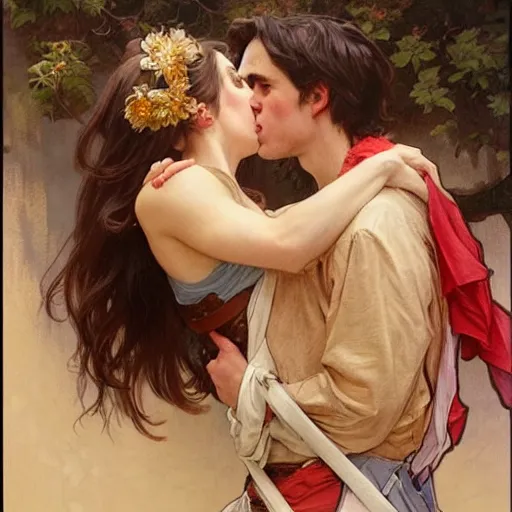 Image similar to young alison brie kissing a man - horse, painted by artgerm and greg rutkowski and alphonse mucha. clear highly detailed face, beautiful fantasy art,