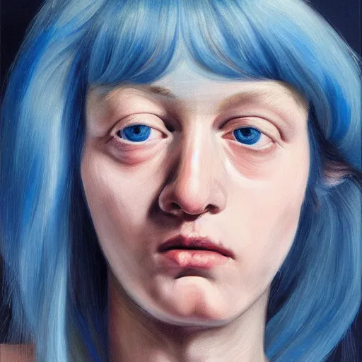 Prompt: high quality high detail painting by lucian freud, hd, blue hair girl portrait, photorealistic lighting