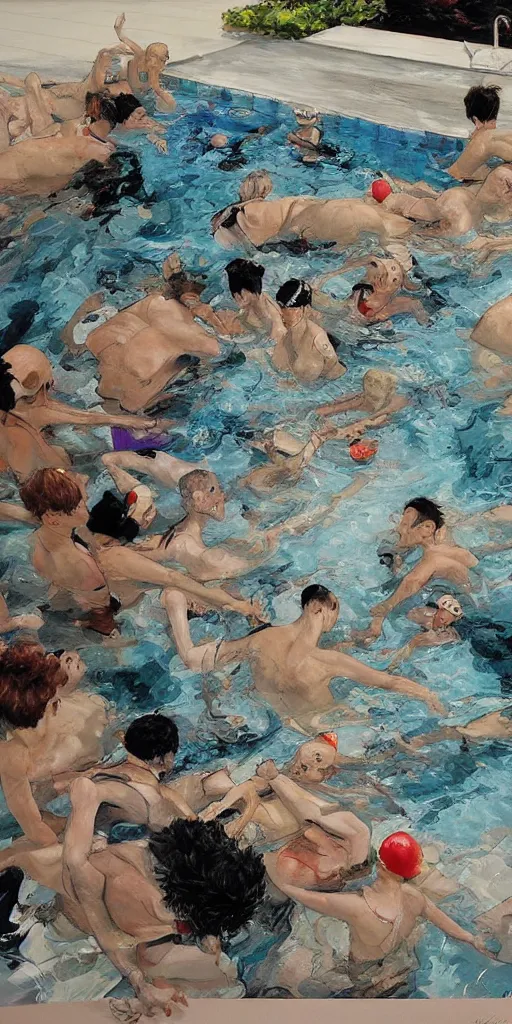 Image similar to oil painting scene from swimming pool by kim jung gi