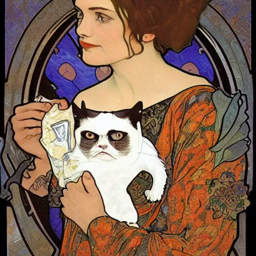 Image similar to “ george costanza from seinfled holding grumpy cat, art nouveau, gold - leaf, by alphonse mucha ”