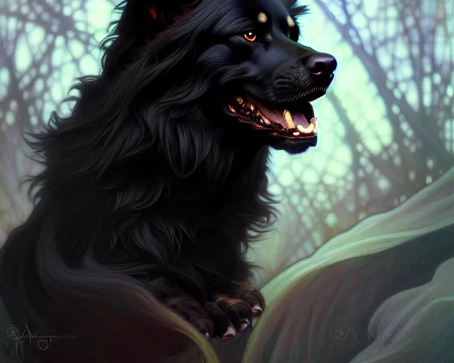 Image similar to barghest, portrait, highly detailed, deep focus, elegant, digital painting, smooth, sharp focus, illustration, ultra realistic, 8 k, art by artgerm and alphonse mucha and edgar maxence