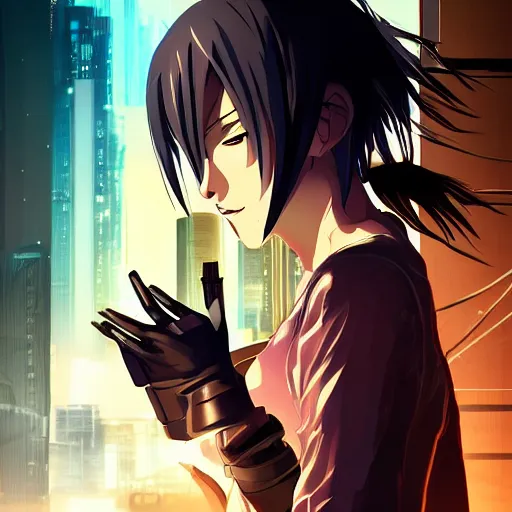 Image similar to advanced anime digital art, cyberpunk girl sitting in a box , visual key, Makoto Shikai