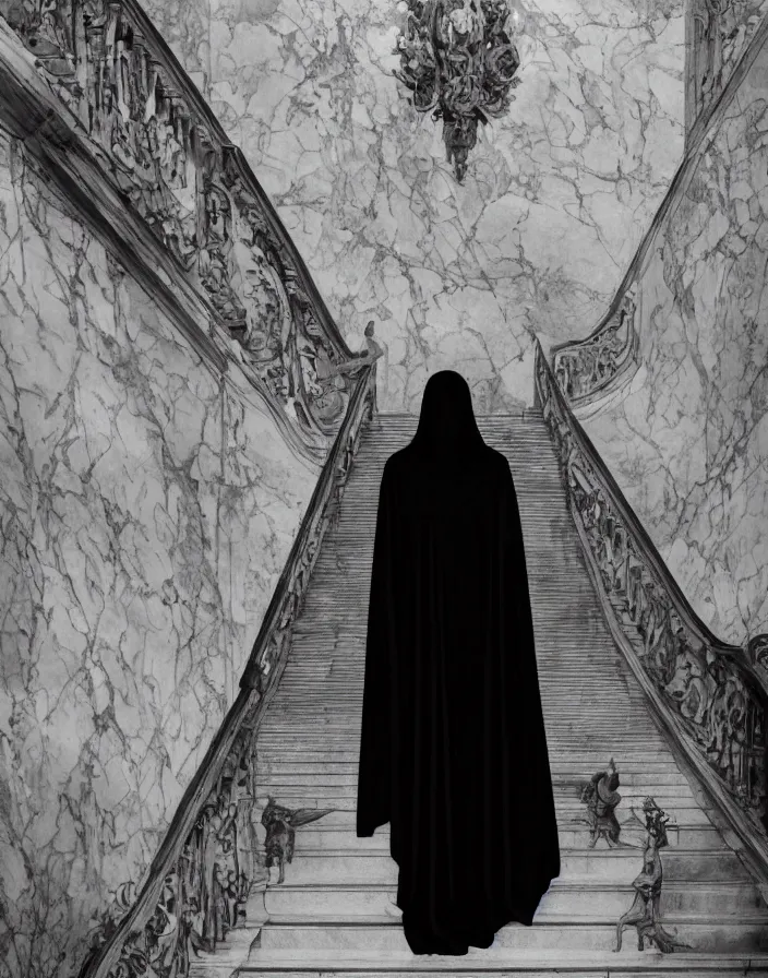 Prompt: several ritualistic figures shrouded in a long trailing dark black opaque gown, descending in tandem down a giant marble staircase in a dark room, photorealism, hyperrealism, harsh lighting, dramatic lighting, medium shot, serious, gloomy, foreboding, cinematic, creepy