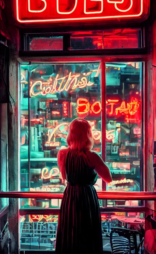 Image similar to vertical movie frame portrait of girl in 5 0's retro restaurant interior, neon - decorated urban on night in the city seen through the window, modern interior design, architectural design, vintage, night blade runner, dark, postapocalyptic, clean lines, 4 k, octane, asian futuristic city at distance, big windows, octane, wide angle