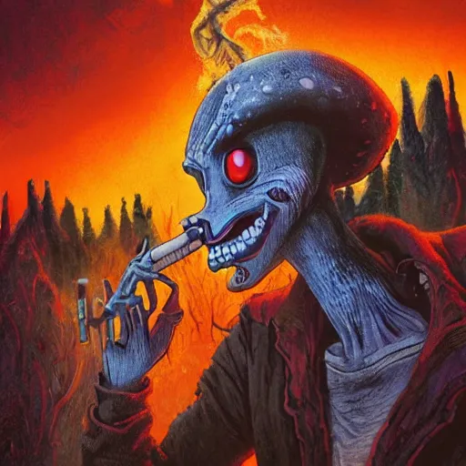 Image similar to 4 k headshot portrait of a psychedelic demonic anthropomorphic wendigo smoking a hand - rolled cigarette smoking heavily, magic mushroom village in background. award winning. superb resolution. in the art style of junji ito and greg rutkowski. detailed mushroom city in background. hyper realistic anime. perfect art. dalle 2