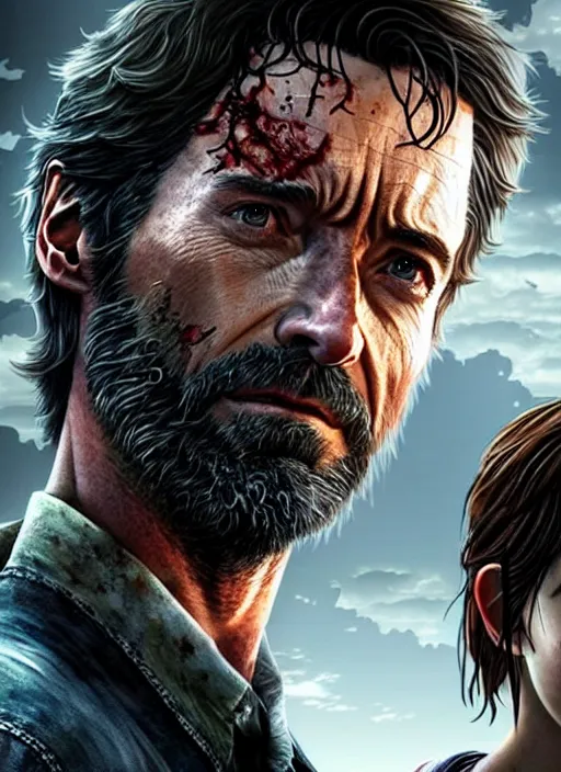 Image similar to hugh jackman as joel from the last of us standing with millie bobby brown as ellie, character concept art, hyperrealistic, detailed, accurate illustration, dramatic lighting