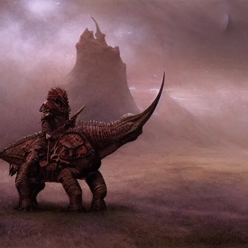 Image similar to triceratops rider in norse armor concept, beksinski