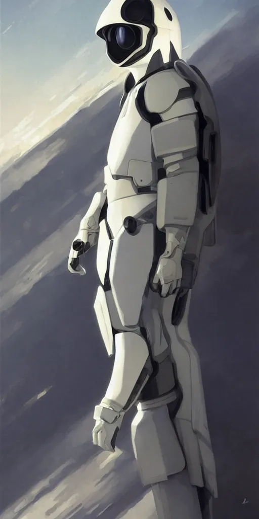 Image similar to a man with a futuristic white space armor walking out of a black spaceship, in the style of studio ghibli, j. c. leyendecker, greg rutkowski, artem