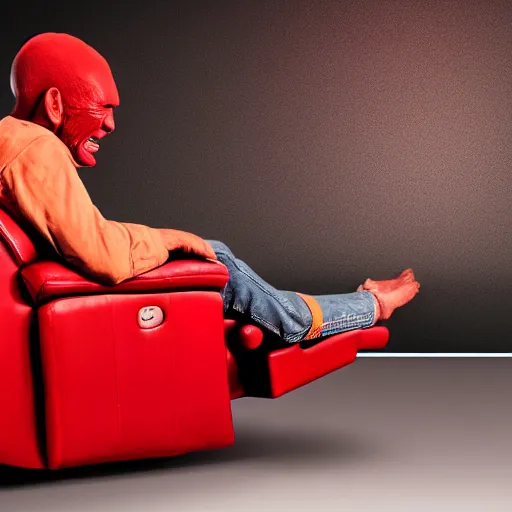 Image similar to A red man sitting on a leather reclining chair laughing at a TV. Cinematic lighting, dream like.