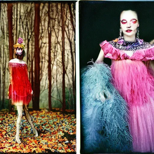 Image similar to kodak portra 4 0 0, wetplate, photo of a surreal artsy dream scene,, girl, weird fashion, grotesque, extravagant dress, carneval, animal, wtf, photographed by paolo roversi style