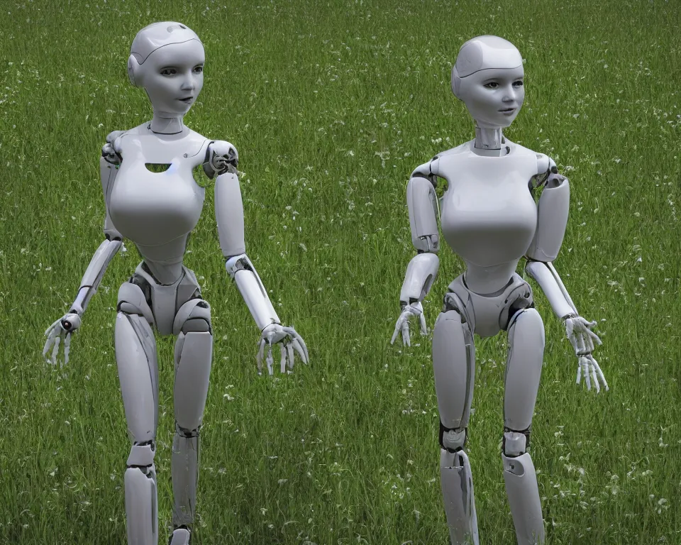 Image similar to posterior of a realistic humanoid female robot surrounded by green gas,