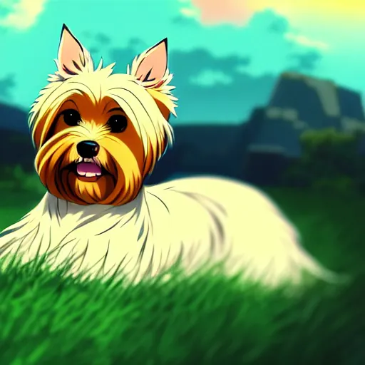 Prompt: anime art full body portrait character concept art, anime key visual of elegant yorkshire terrier, finely detailed perfect face delicate features directed gaze, laying down in the grass at sunset in a valley, trending on pixiv fanbox, studio ghibli, extremely high quality artwork