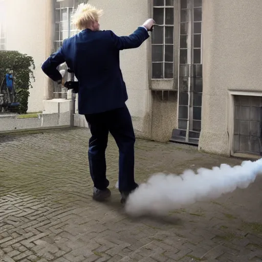 Image similar to Boris Johnson Weilding A flamethrower, firing it into a building, medium shot photo 8k ultrahd