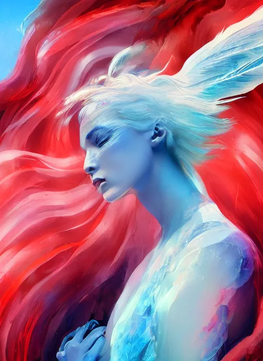 Image similar to a painting of a woman who made of curly and transparent feathers cloud with red edges is holding a sword, a digital painting by charlie bowater, made of many translucent layers of blue, metaphysical painting, speedpainting, digital painting, holographic undertones, highly saturated colors, 4 k, digital art, concept art, trending on artstation