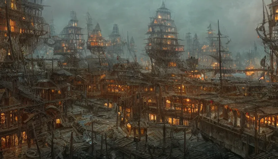 Prompt: establishing shot of laketown, ray traced lighting by gerald brom and greg rutkowski