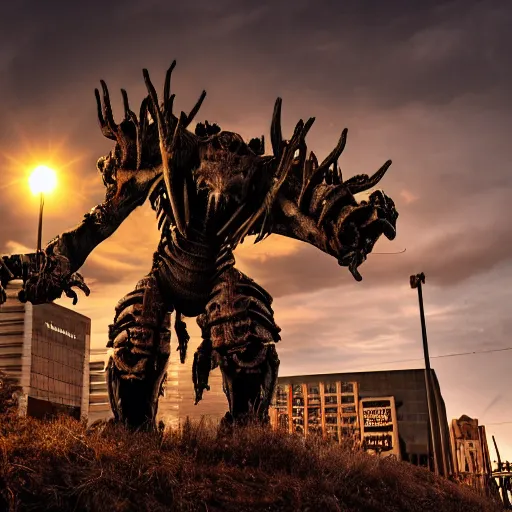 Prompt: deathclaw from fallout drives a subaru, street lighting, downtown environment, wide lens, 2 4 mm, street lamps