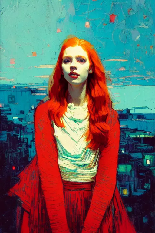 Image similar to portrait of a beautiful redhead girl, complementary colors, beautiful face, rule of thirds, intricate outfit, spotlight, by greg rutkowski, by jeremy mann, by francoise nielly, by van gogh, digital painting