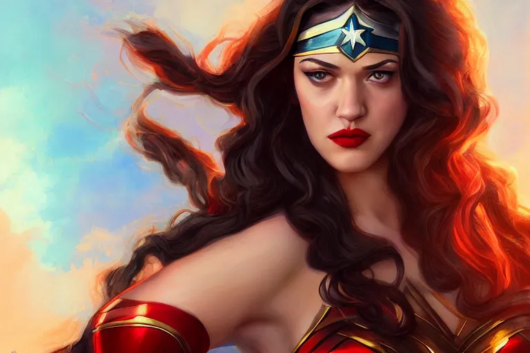 Prompt: Kat Dennings as Wonder Woman by Mandy Jurgens and Artgerm and william-adolphe bouguerea, highly detailed, trending on artstation, award winning, H 768