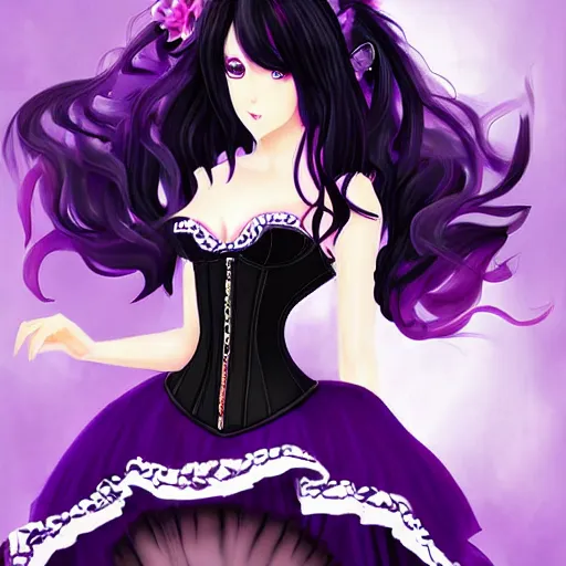 Image similar to a beautiful anime woman with long black hair, wearing a black corset top and a purple tutu, digital art, fantasy art