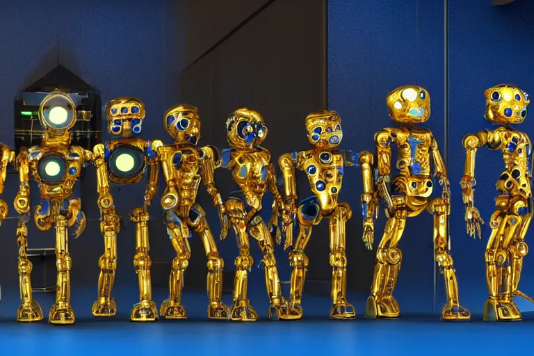 Image similar to a queue of 7 golden and blue metal humanoid steampunk robots wearing and gears and tubes, eyes are glowing red lightbulbs, shiny crisp finish, 3 d render, 8 k, insaneley detailed, fluorescent colors, background is an entrance door to a futuristic nightclub, nightlight