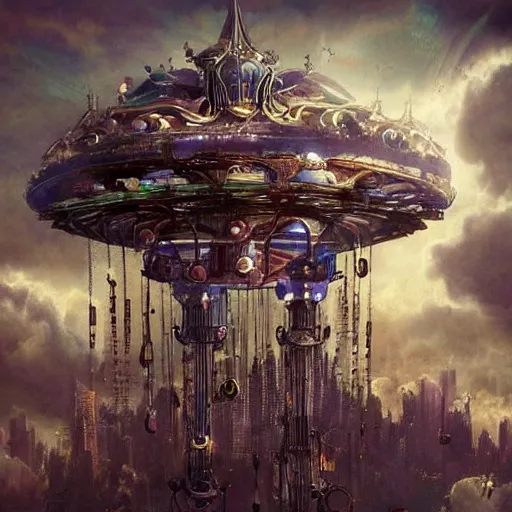 Prompt: flying city in a mechanical flower, sky!, fantasy art, steampunk, masterpiece