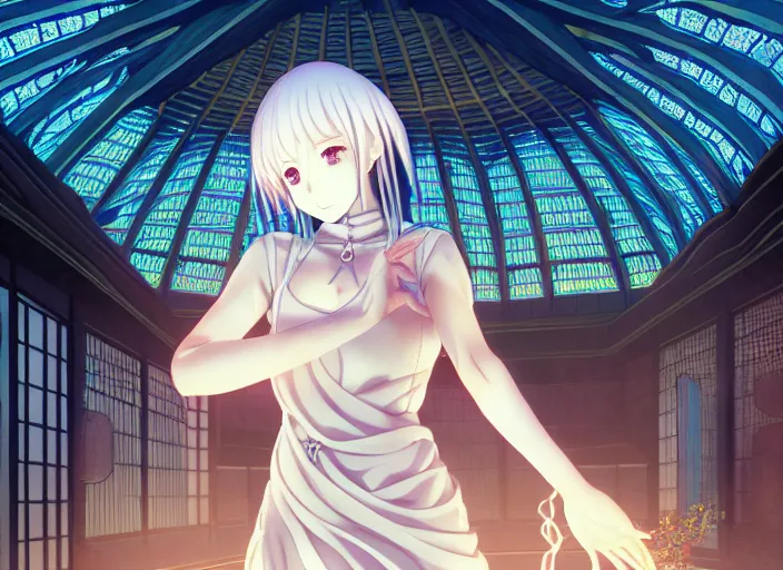 Image similar to anime priestess stranding in a grand temple, Karolis Strautniekas,omoide emanon, tsuruta kenji, murata range,kawaii, kyoto animation, manga, intricate, detailed, studio lighting, gradation,editorial illustration, matte print, Ilya Kuvshinov