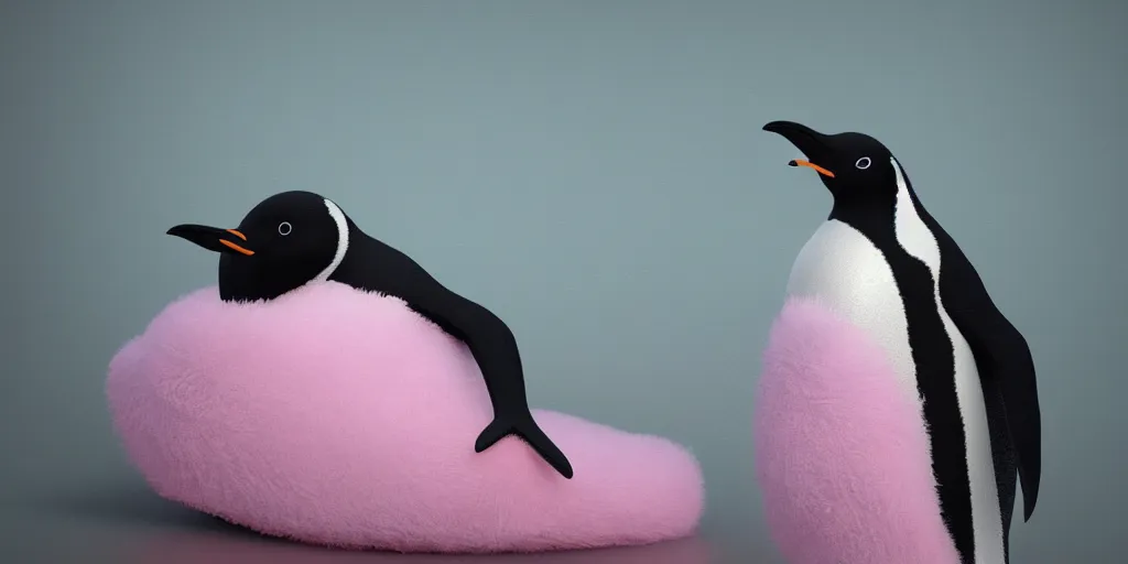 Prompt: realistic penguin sitting in an pink fluffy bed waving, hyper detailed, trending on artstation