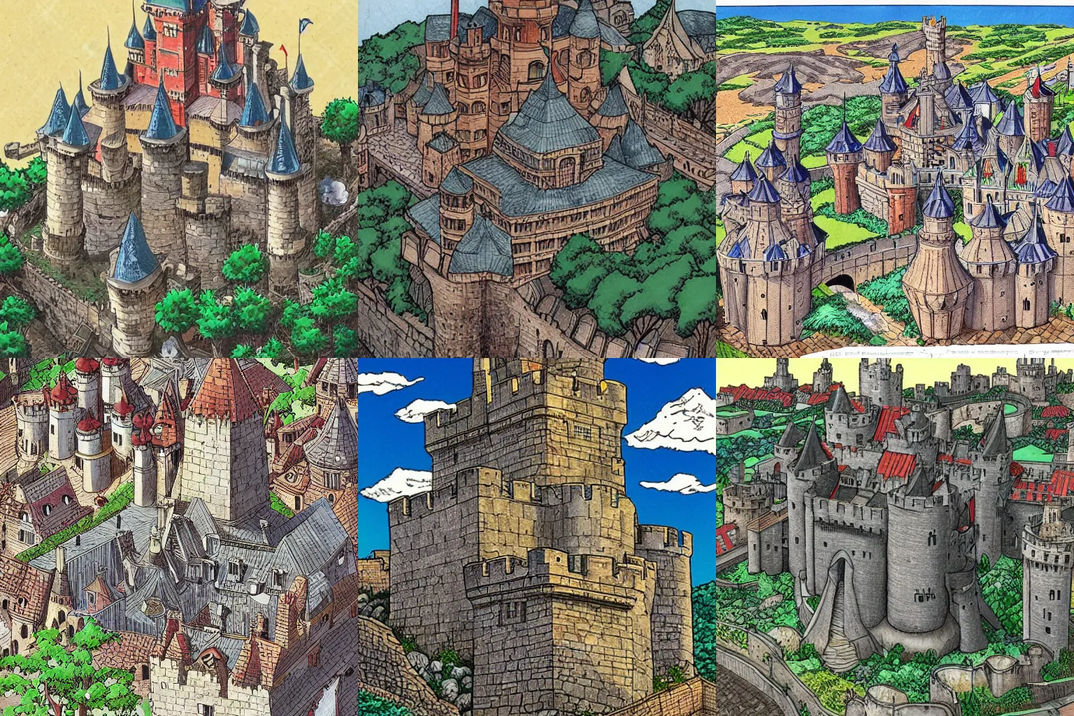 Prompt: medieval castle, colored, by Yusuke Murata