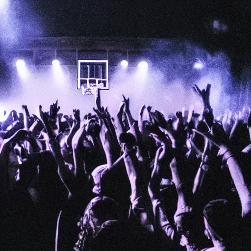 Prompt: an old school hip hop concert taking place on a basketball court behind a large brick apartment at night, many people dancing with their hands in the air, a rapper is standing on stage yelling into the mic, a dj with audio equipment at the back of the stage, digital art, foggy, light streaks