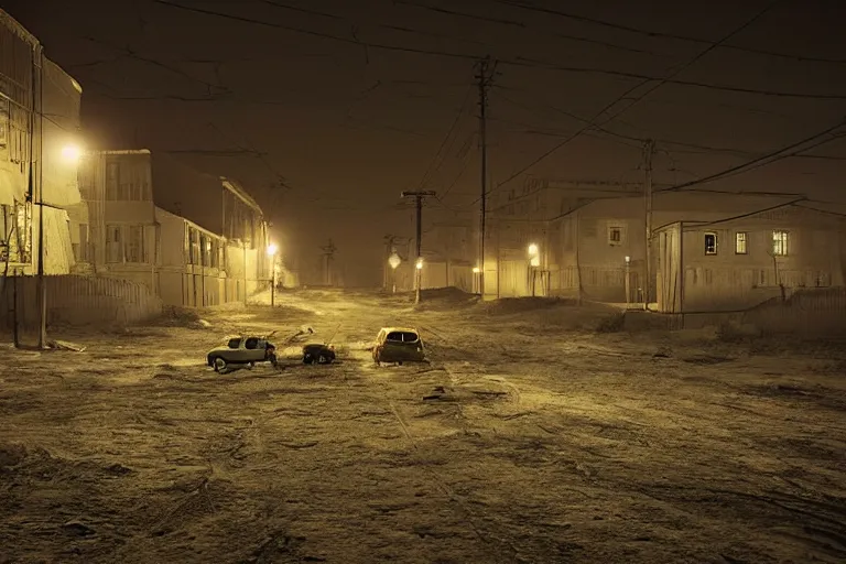 Prompt: an emty street of a city on the Moon called Noviy Norilsk, with a car at night with only by one street light, photo by Gregory Crewdson,