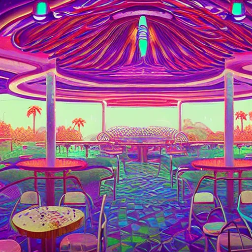 Image similar to inside psychedelic beachfront fast food restaurant with palm trees by simon stalenhag