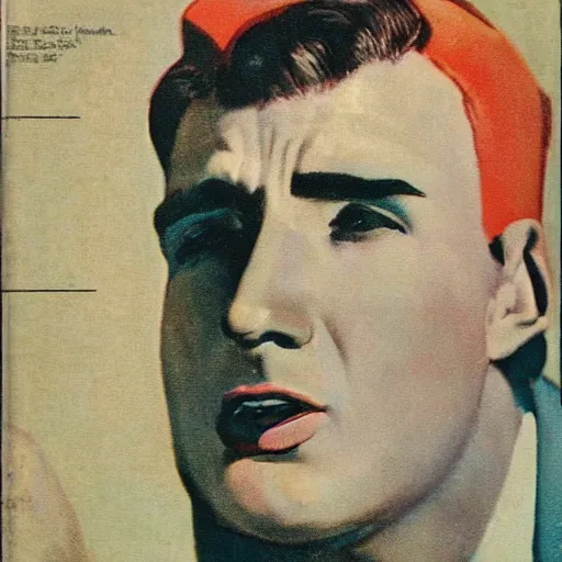 Prompt: “Chris Evans portrait, color vintage magazine illustration 1950”