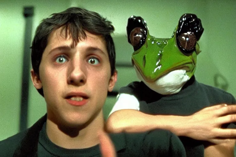 Image similar to frank in donnie darko but with a frog disguise