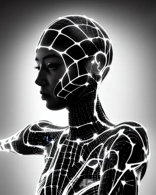 Image similar to black and white cyborg goddess high quality portrait, artificial intelligence, bio-mechanical bio-luminescence, artificial spider web, neurons, nerve cells, octane render, cinematic, hyper realism, high detail, 8k, in the style of Steven Meisel and Dora Maar and H.G. Giger