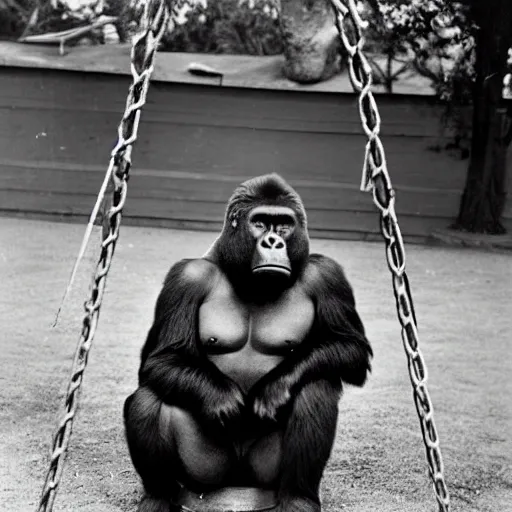 Image similar to 1 9 5 0's photo of gorilla sitting on swing in playground