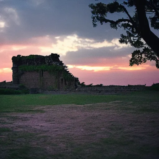 Prompt: a photo of the ruines of a geek temple during sunset on an island, 5 0 mm lens, f 1. 4, sharp focus, ethereal, emotionally evoking, head in focus, volumetric lighting, blur dreamy outdoor,