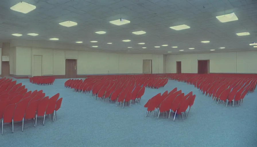 Prompt: 60s movie still of a sovietic stalinist style empty ballroom with beds, cinestill 800t 50mm eastmancolor, liminal Space style, heavy grain-s 150