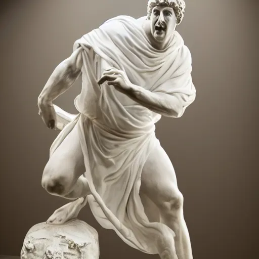 Prompt: a realistic greek white marble statue of adam sandler wearing a ghostly toga getting kicked in the balls, displayed in a museum art gallery, moody, dramatic lighting, dark, photorealistic, cinematic scene, super detailed, hyper realistic, bright lights, 8 k