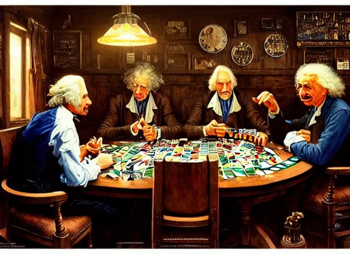 Image similar to isaac newton and stephen hawkins and albert einstein playing poker in an old west saloon, intricate, highly detailed, centered, digital painting, artstation, concept art, smooth, sharp focus, illustration, art by james gurney and norman rockwell and greg rutkowski