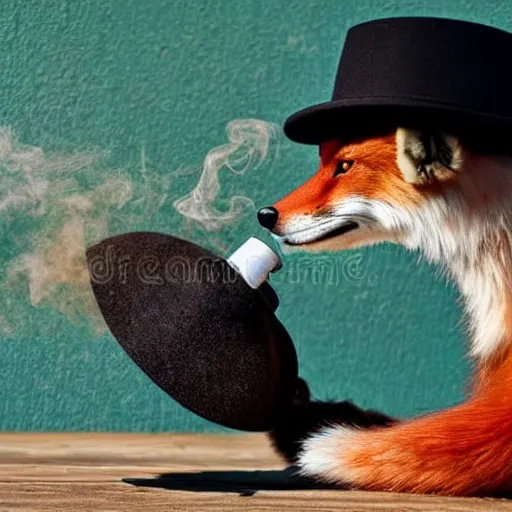 Image similar to a polygamous fox with a hat drinking beer and smoking e - cigarette, stock photo