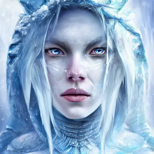 Prompt: a portrait photo of an ice elemental, human features, extremely detailed, beautiful portrait, fantasy art