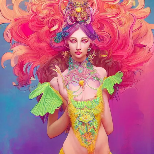 Image similar to a photograpic portrait of a anthropomorphic mimosa wearing colorful neon clothes, fantasy, intricate, elegant, highly detailed, digital painting, artstation, concept art, smooth, sharp focus, illustration, art by artgerm and H R Giger and alphonse mucha