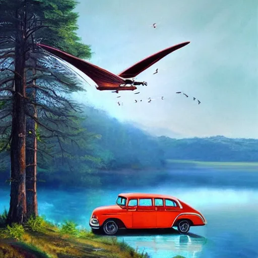 Image similar to a [ 5 0 s bus with wings ] flies above a forest and lake, [ oil painting ]!!, trending on cgsociety, 4 k