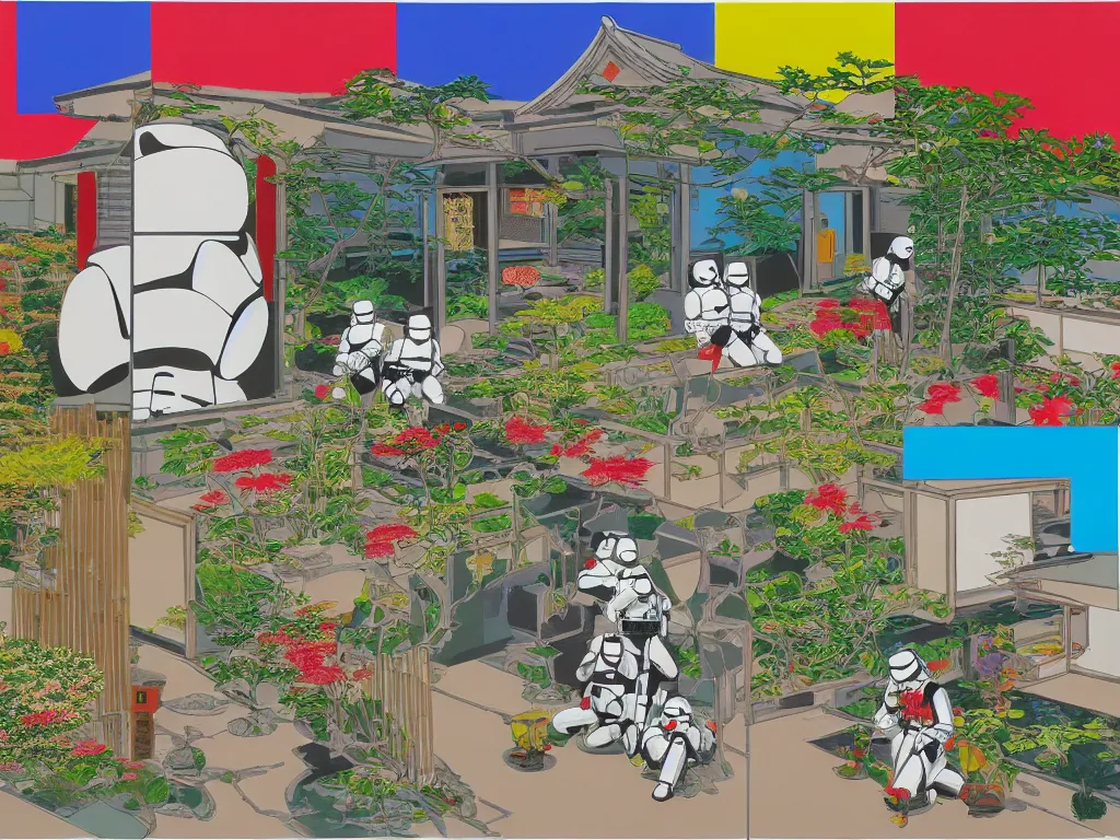 Image similar to detailed composition of the japanese home with a garden and a pond, 2 stormtroopers sitting around it, pop - art style, jacky tsai style, andy warhol style, rich palette, acrylic on canvas